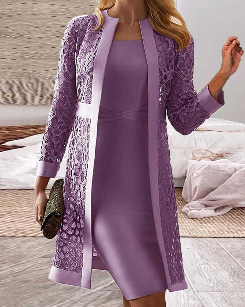 Women's Solid Color Casual Lace Cardigan Dress Two Piece Sets