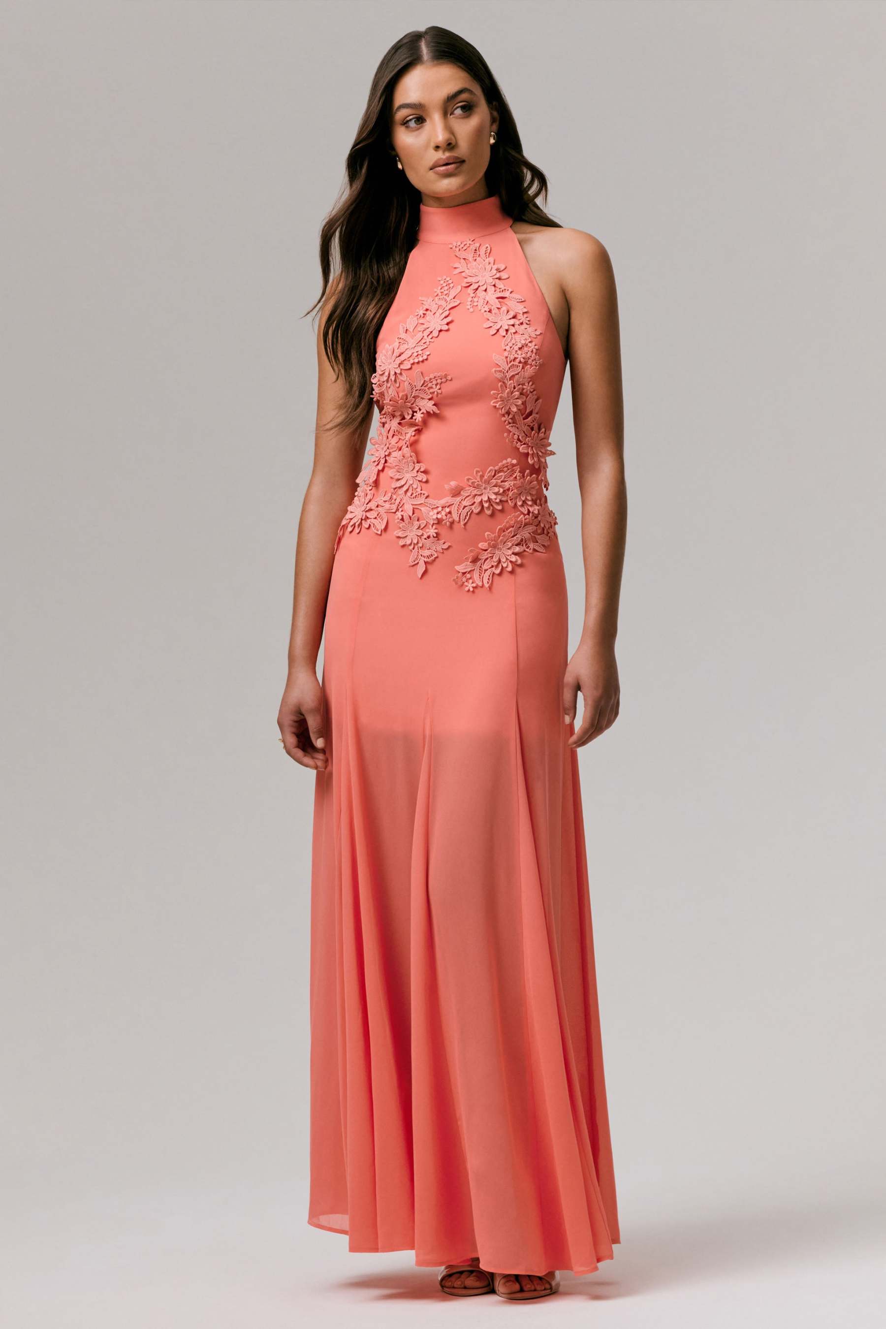 Coral High-Neck Embellished Maxi Dress