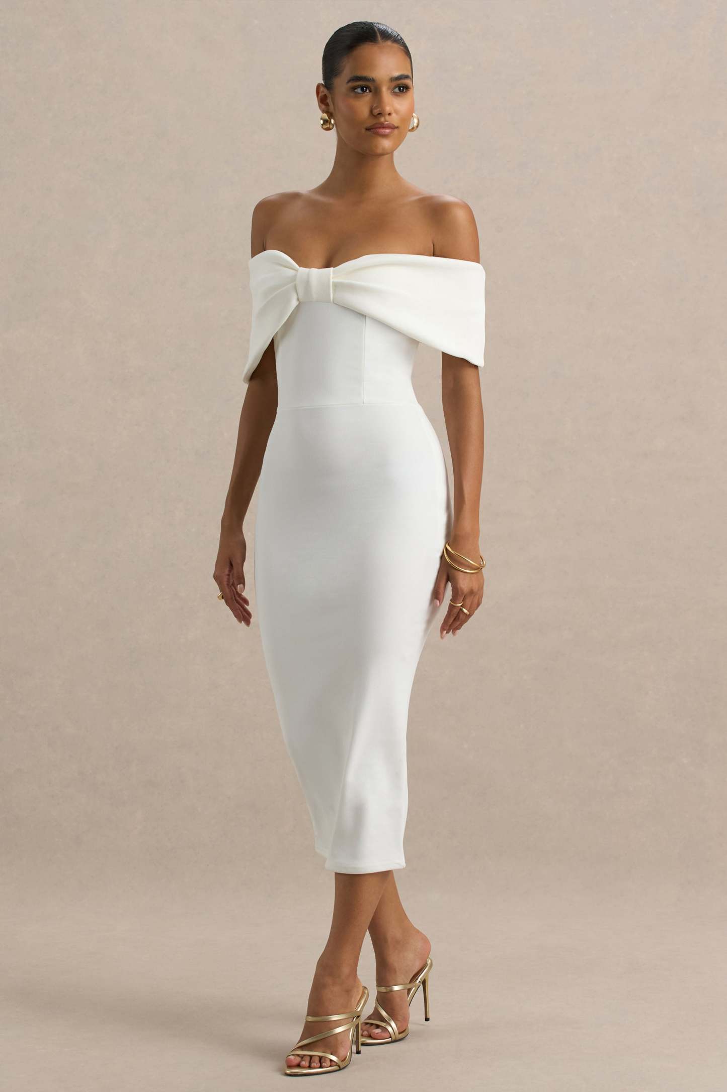 White Bow Bardot Midi Dress