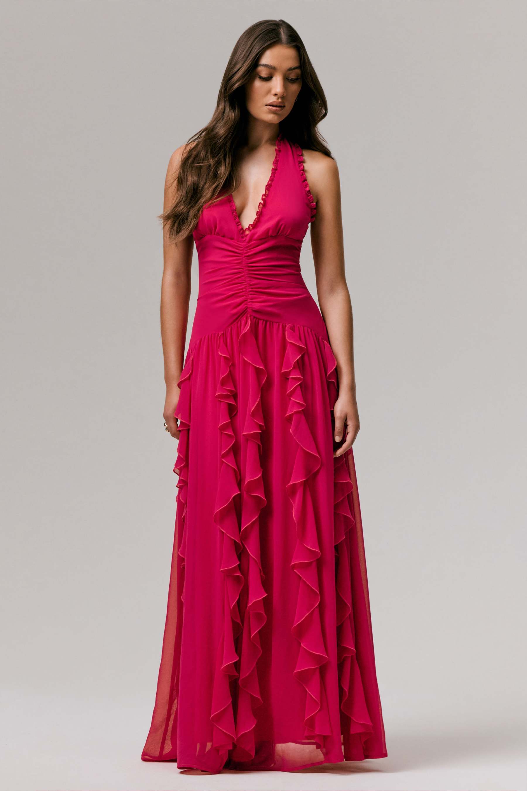 Hot Pink Plunge-Neck Ruffled Maxi Dress