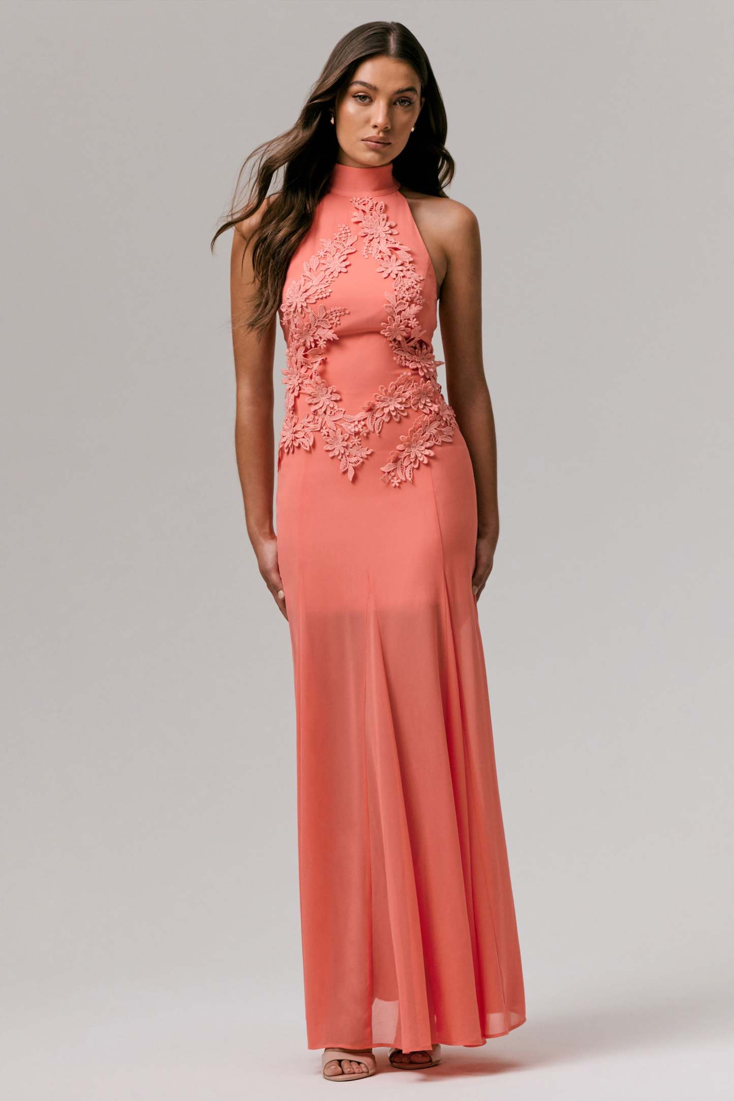 Coral High-Neck Embellished Maxi Dress