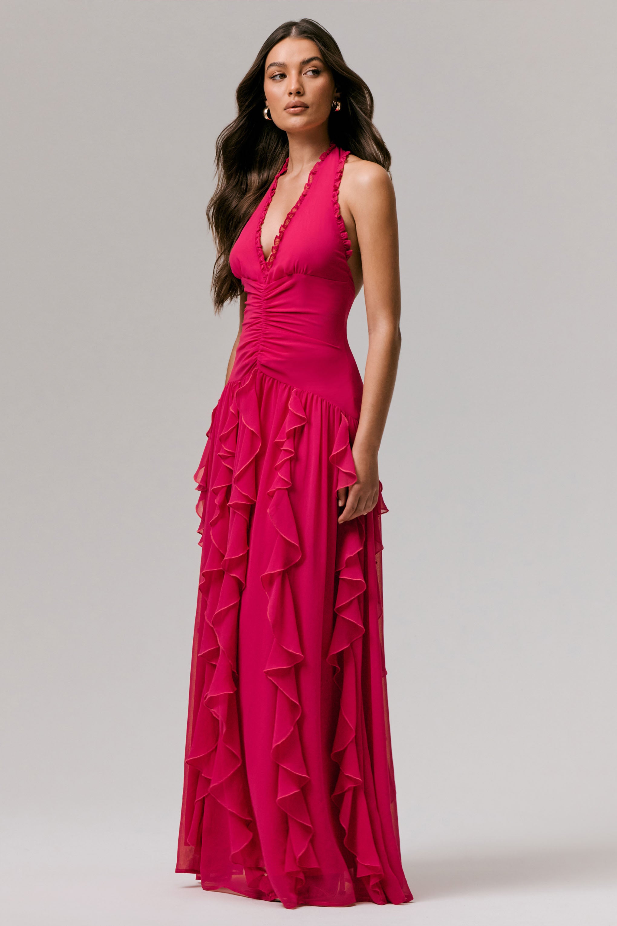 Hot Pink Plunge-Neck Ruffled Maxi Dress