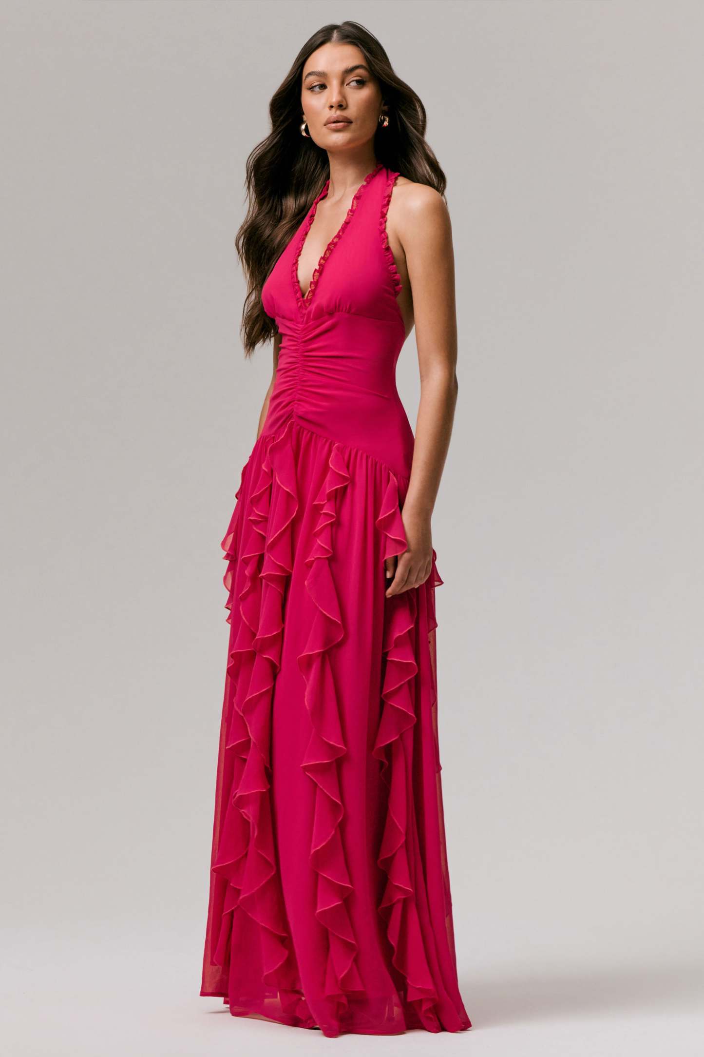Hot Pink Plunge-Neck Ruffled Maxi Dress