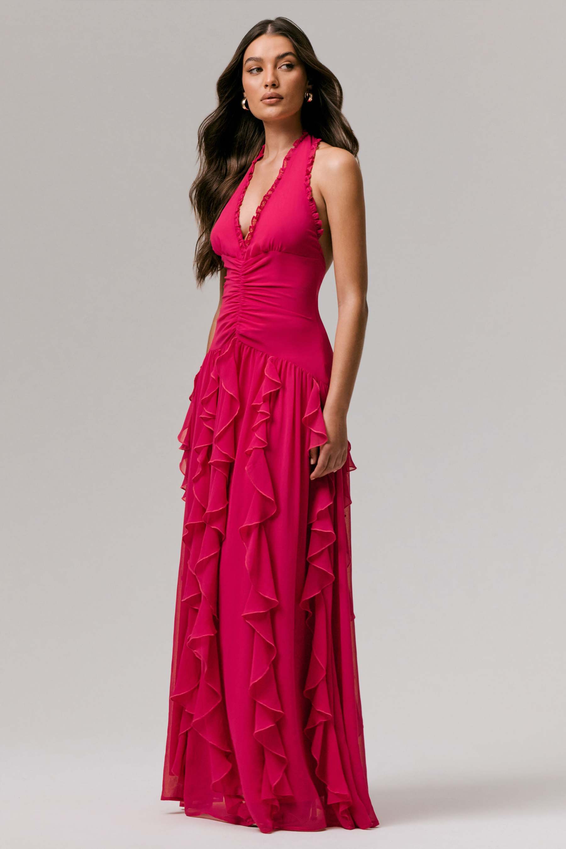 Hot Pink Plunge-Neck Ruffled Maxi Dress