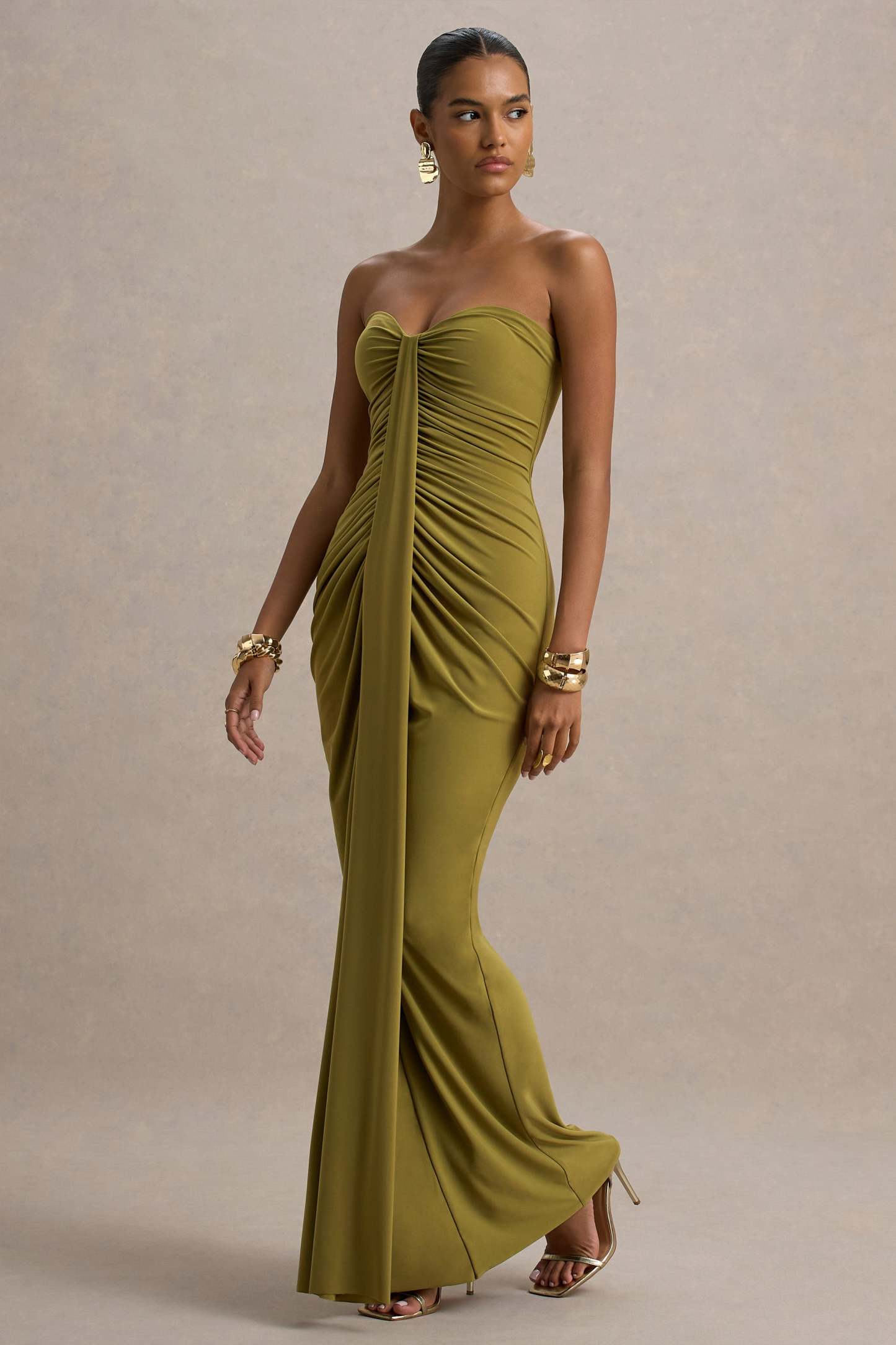 Olive Sweetheart Ruched Wrap Maxi Dress