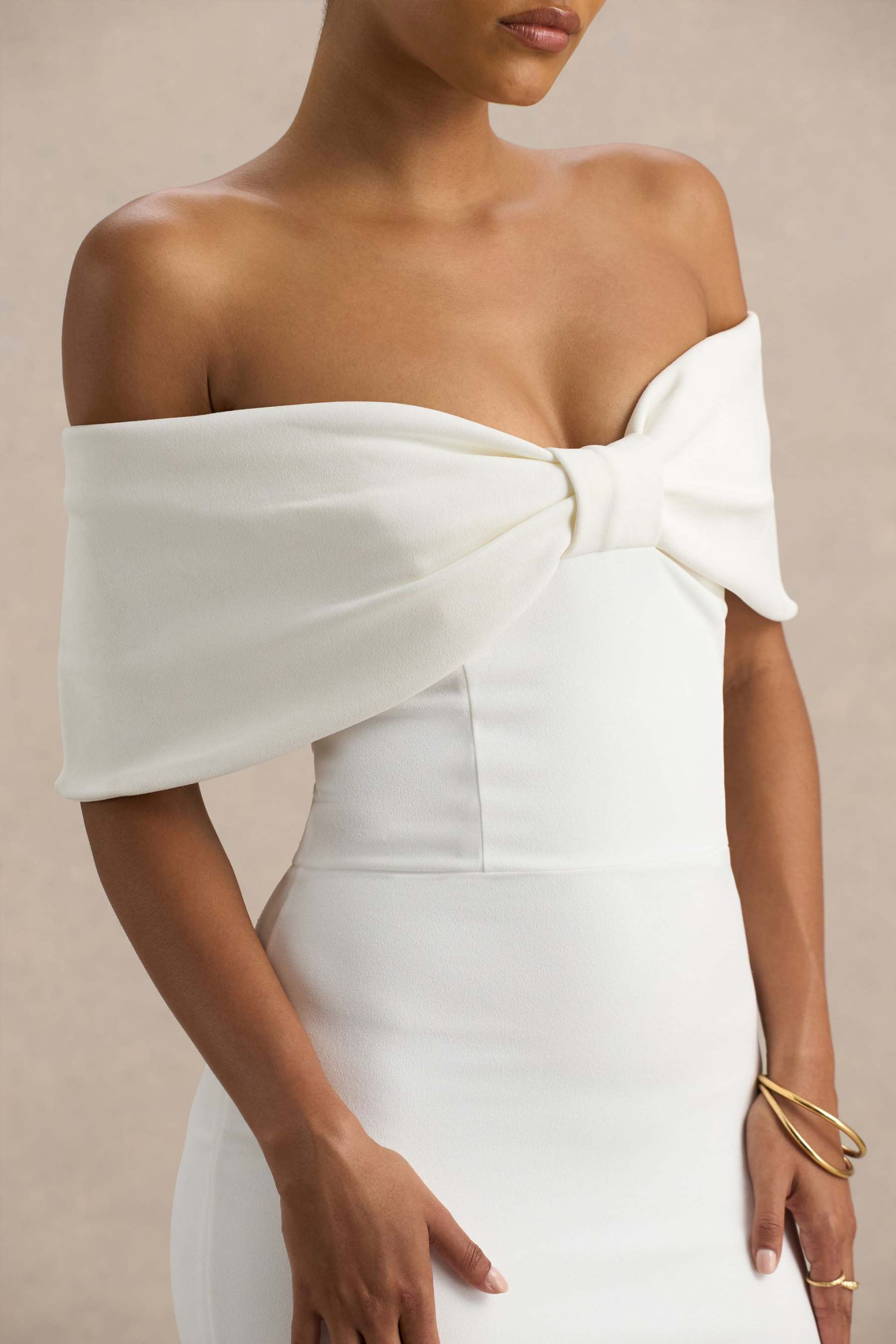 White Bow Bardot Midi Dress