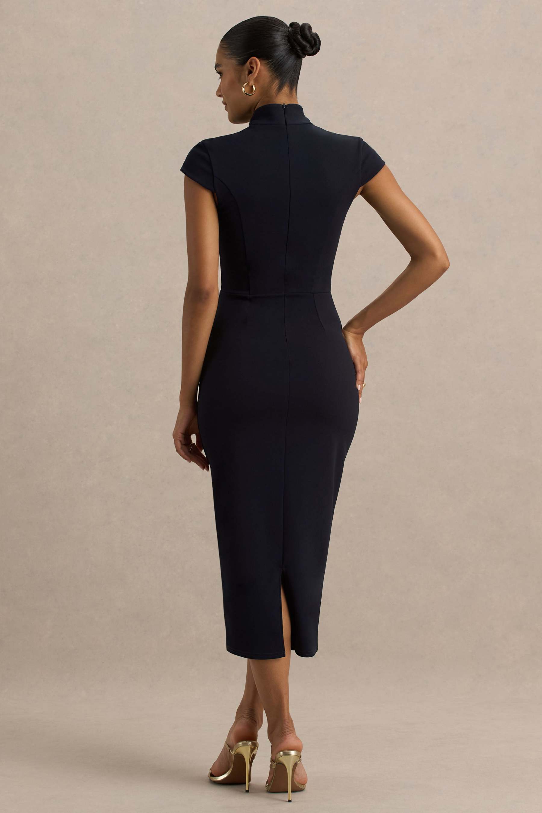 Navy Cut-Out Neck Midi Dress With Short Sleeves