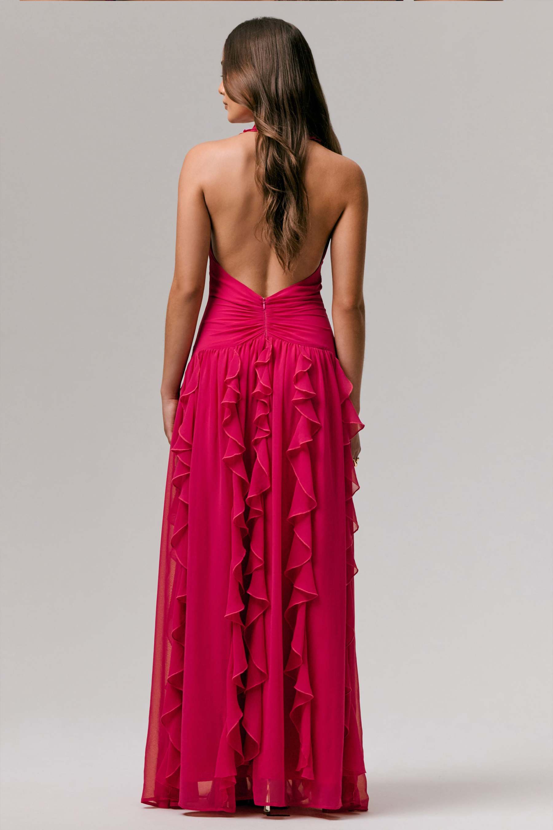 Hot Pink Plunge-Neck Ruffled Maxi Dress