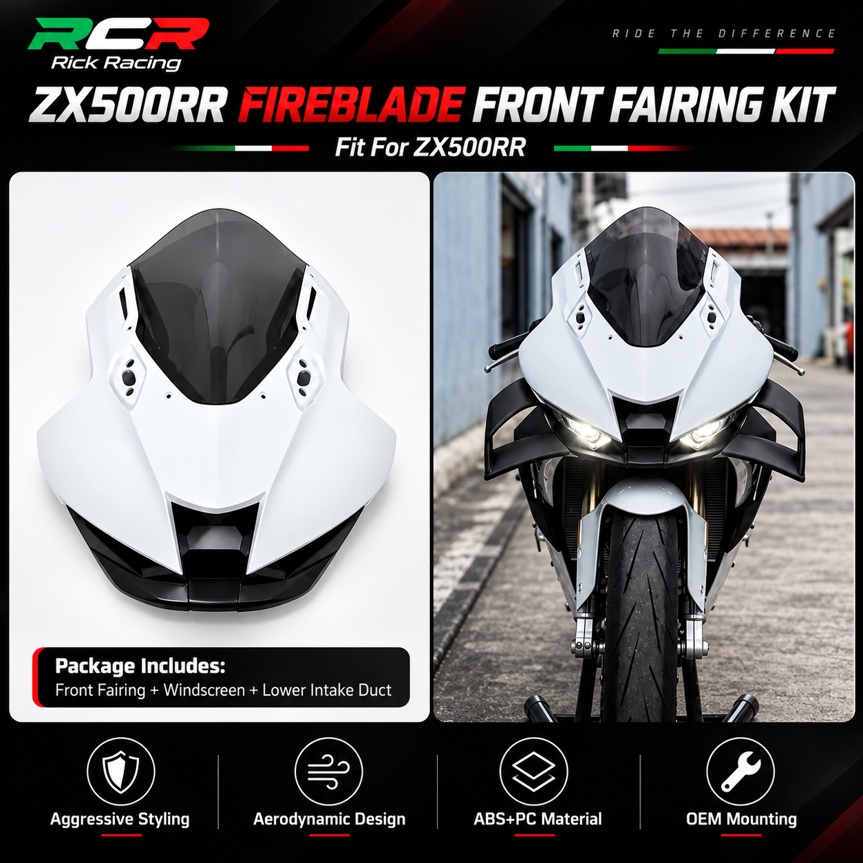 RCRSP For ZX500RR Motorcycle Front Fairing Kit Fireblade Style Tall Racing Windscreen Front Cowl OEM Screws Clips Direct Fit Acc