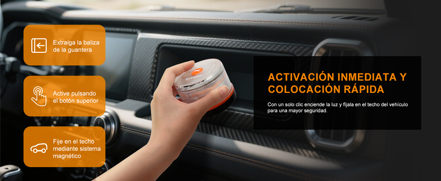 El texto dice «ACTIVACIÓN INMEDIATA Y COLOCACIÓN RÁPIDA». Soporte para teléfono para salpicadero del coche con iconos que muestran una fijación magnética y funciones de instalación rápida.