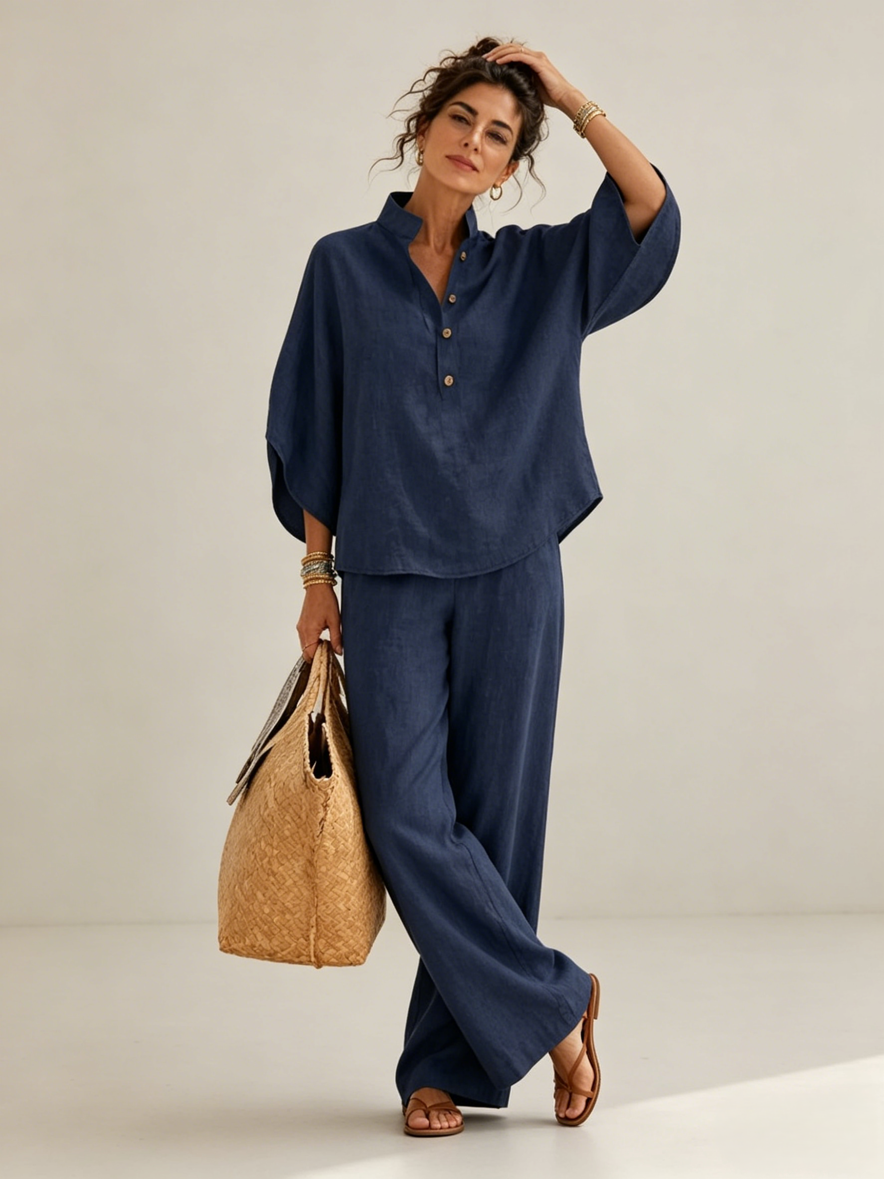 Airy Linen Cotton Batwing Set with Wide Leg Pants