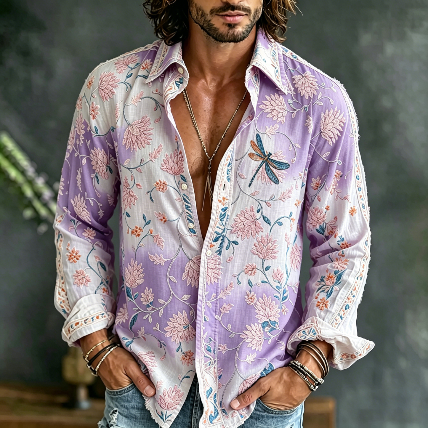 Bode Men's Vintage Floral Embroidered Art Print Flowy Linen Blend Casual Shirt