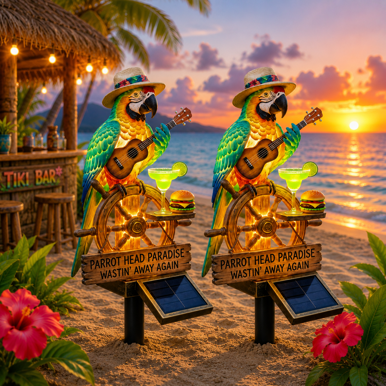 🌴 Parrot Head Paradise Solar Sign – “Wastin' Away Again”
