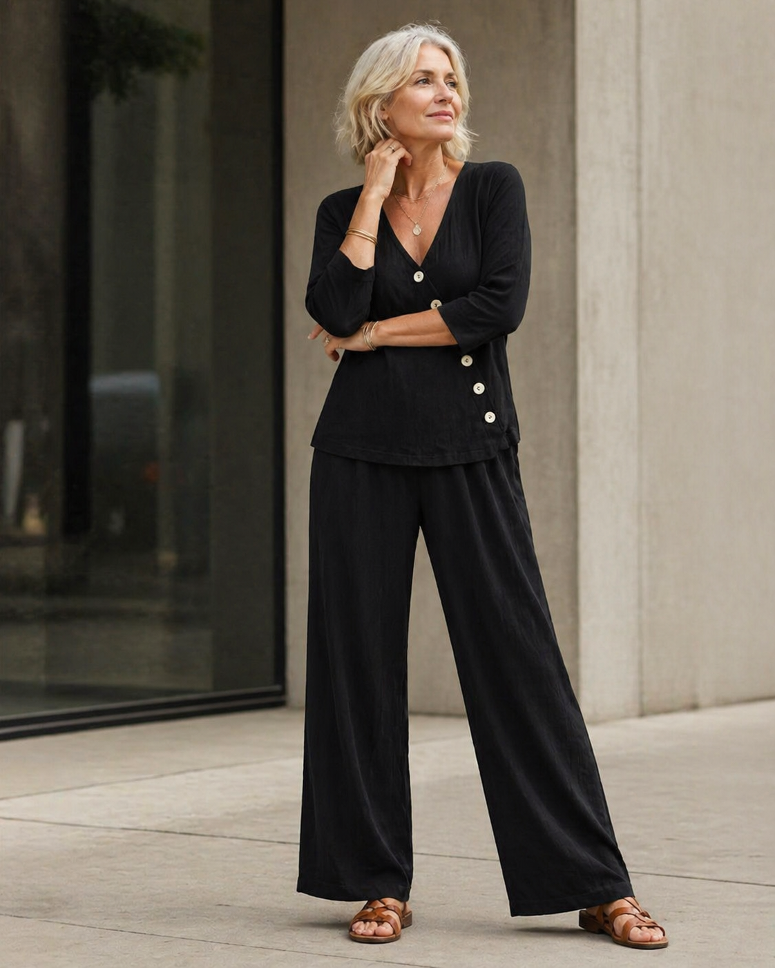 Minimalist V-neck Shirt And Wide-leg Pants Two-piece Set