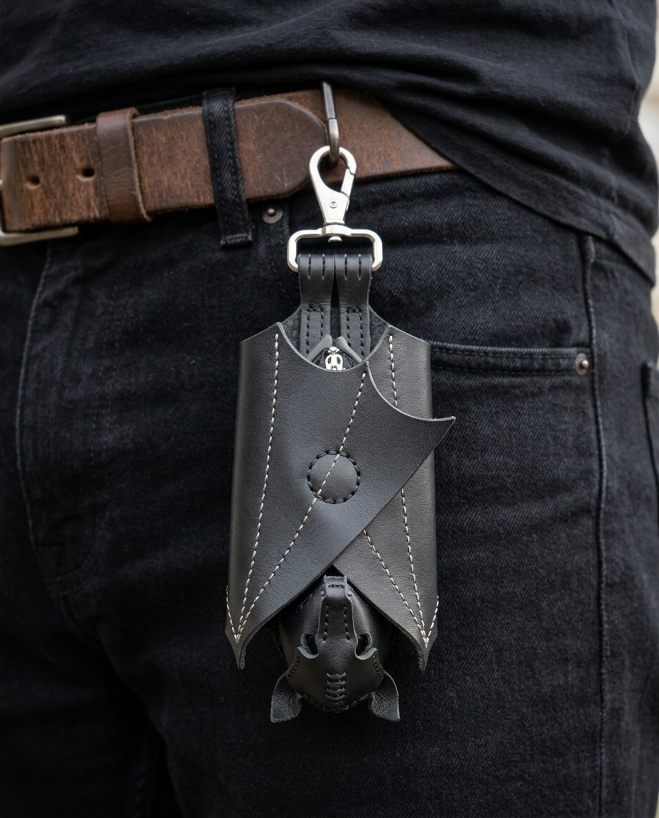 Front-facing product shot of the leather bat coin purse showing the folded hanging bat shape
