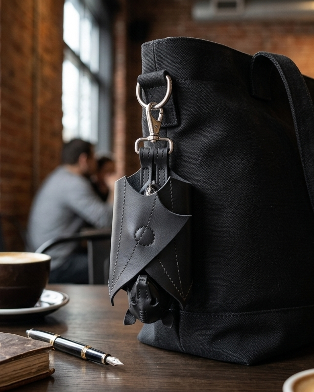 Leather bat coin purse clipped to a belt or outfit for gothic daily styling