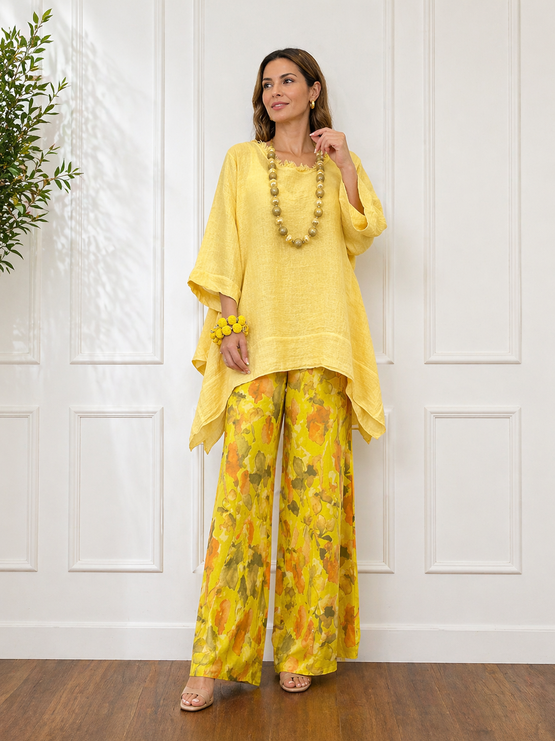 Loose-fit Casual Linen & Cotton Top And Floral-print Pants Two-piece Set