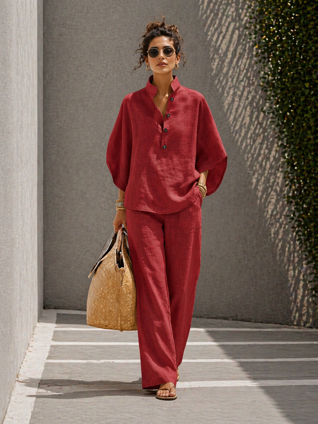 Plus Size Friendly Women’s Batwing Sleeve Linen Cotton Two-Piece Set – Casual Shirt & Wide Leg Pants Outfit