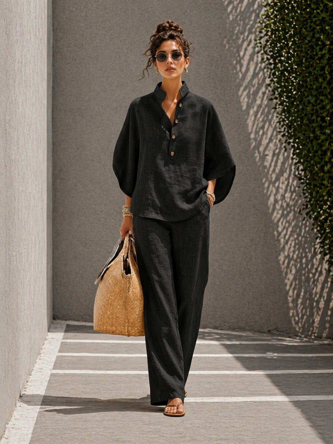 Plus Size Friendly Women’s Batwing Sleeve Linen Cotton Two-Piece Set – Casual Shirt & Wide Leg Pants Outfit