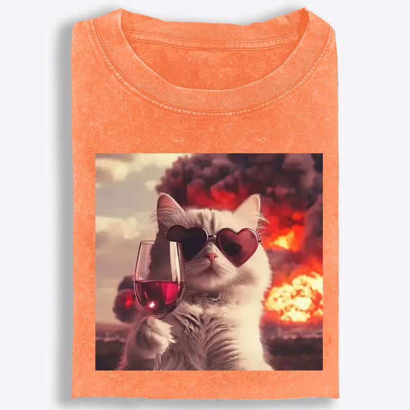 Cat with Wine & Explosion Meme Retro Washed T-Shirt | 100% Cotton | Streetwear Essential