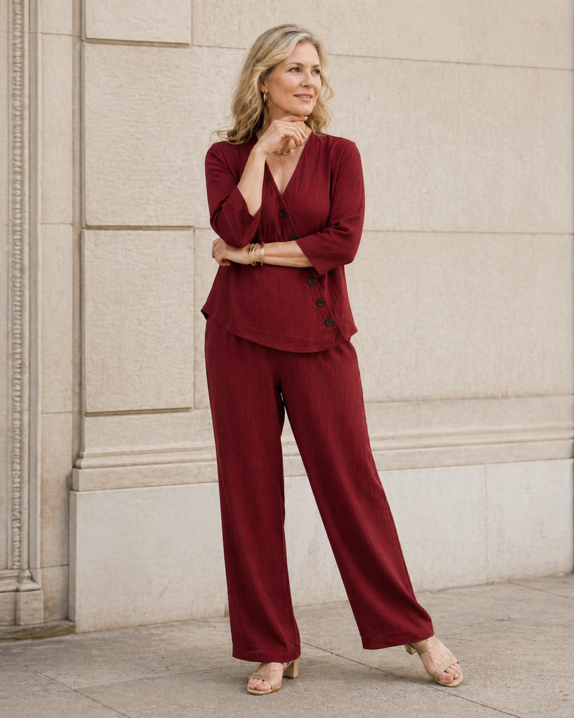 Minimalist V-neck Shirt And Wide-leg Pants Two-piece Set