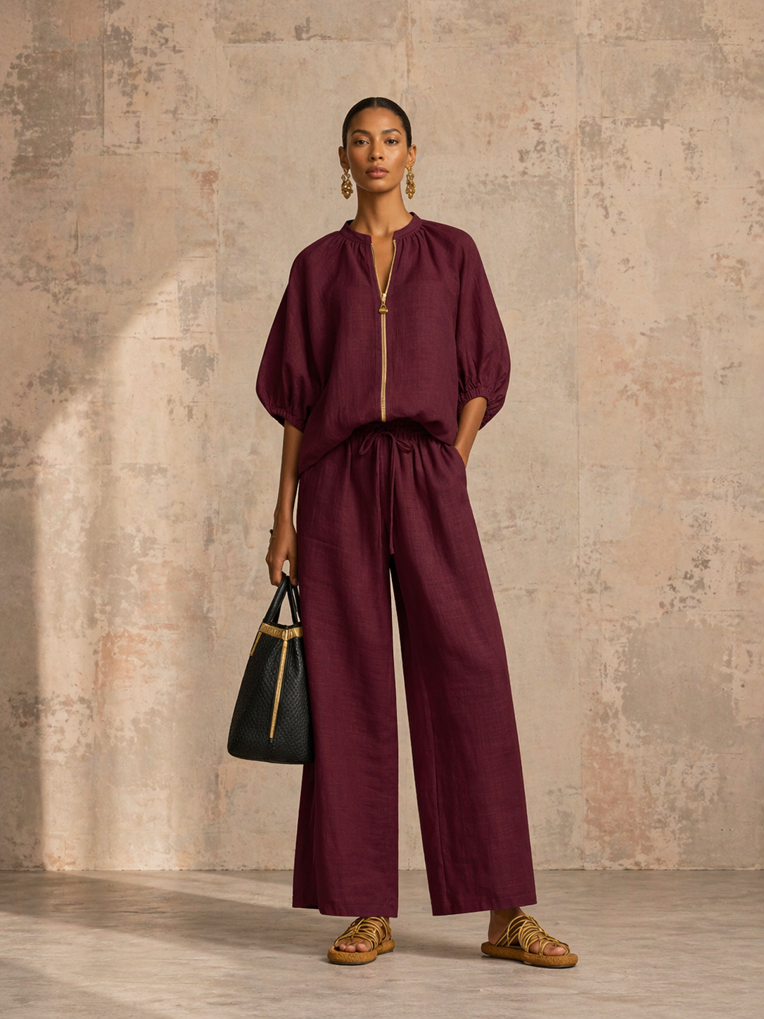 Stylish Cozy Shirt &amp; Wide-Leg Pants Linen Cotton Two-Piece Set