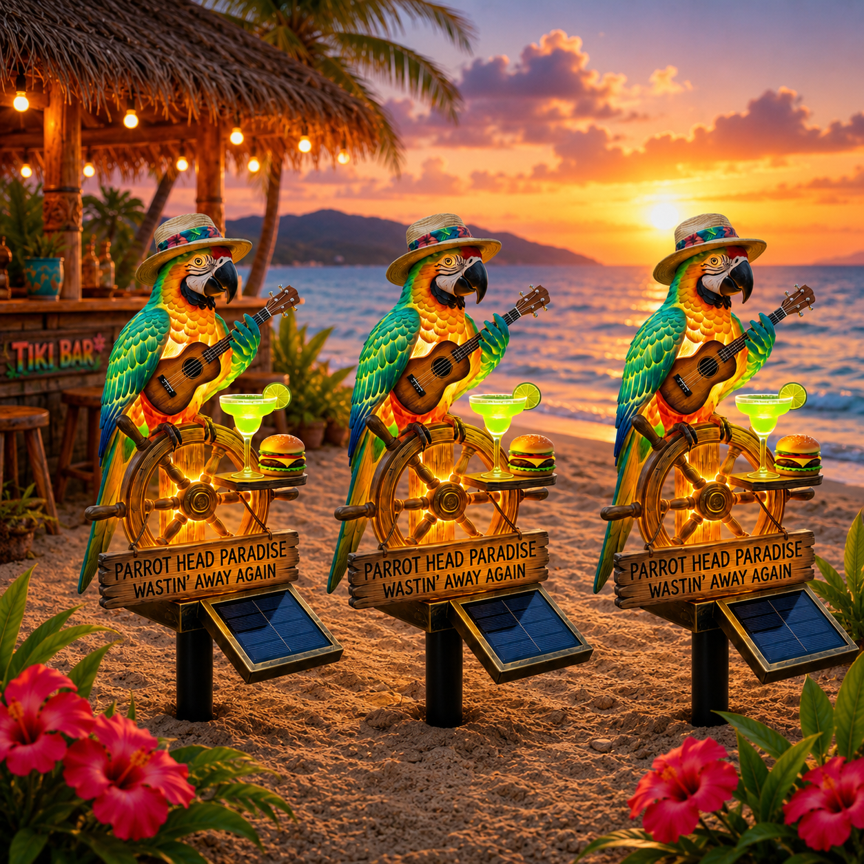 🌴 Parrot Head Paradise Solar Sign – “Wastin' Away Again” 