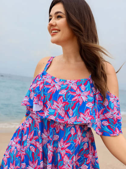 Floral Ruffle Trim Off Shoulder Pockets Swim Dress