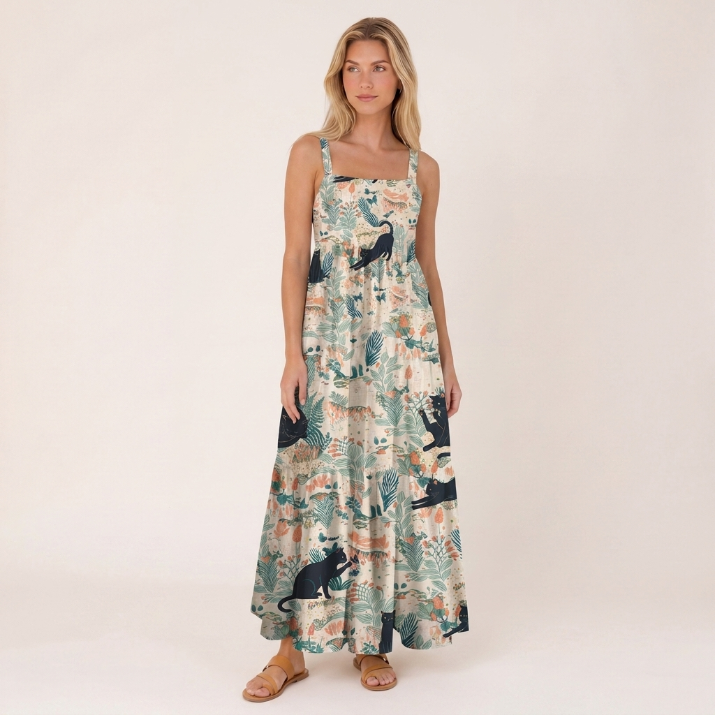 Square Neck Into the Woods Cats Print Wide Straps Maxi Dress With Pockets