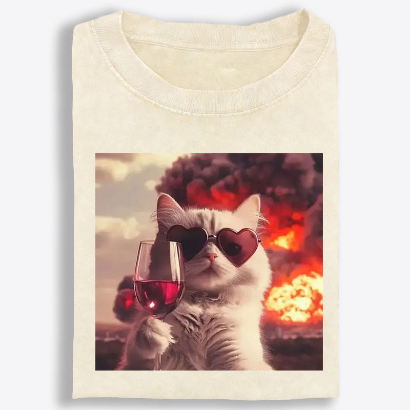 Cat with Wine & Explosion Meme Retro Washed T-Shirt | 100% Cotton | Streetwear Essential
