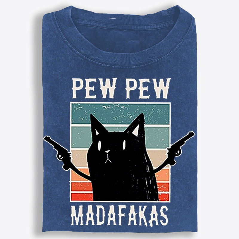 "Pew Pew Madafakas" Black Cat Retro Washed T-Shirt | 100% Cotton | Streetwear Essential