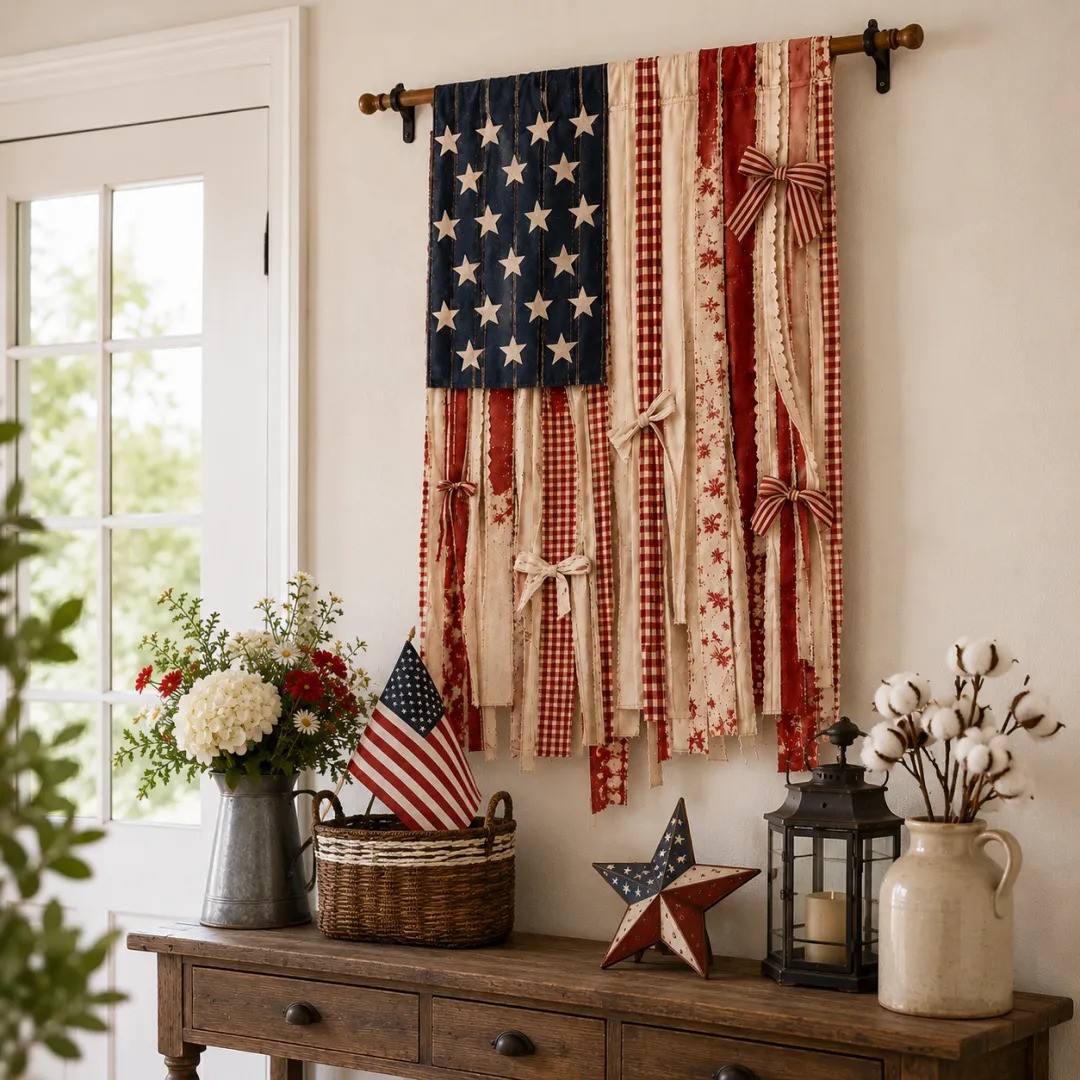 Lighted Rustic American Flag Hanging Banner
