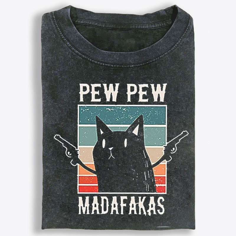 "Pew Pew Madafakas" Black Cat Retro Washed T-Shirt | 100% Cotton | Streetwear Essential