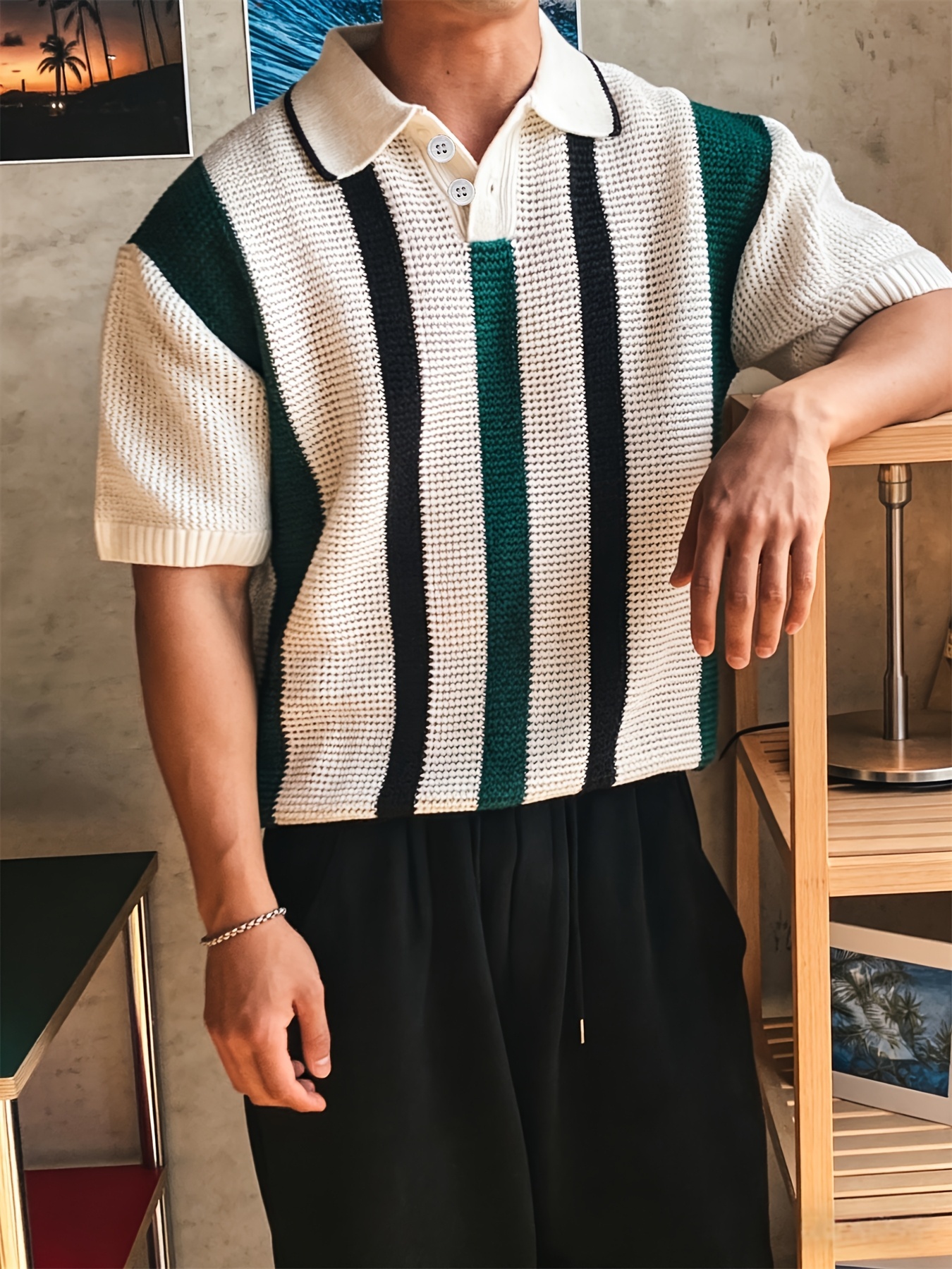 Rowing Blazers Men's Vintage Striped Knit Polo Shirt - Premium Short Sleeve Button Collar Sweater for Summer