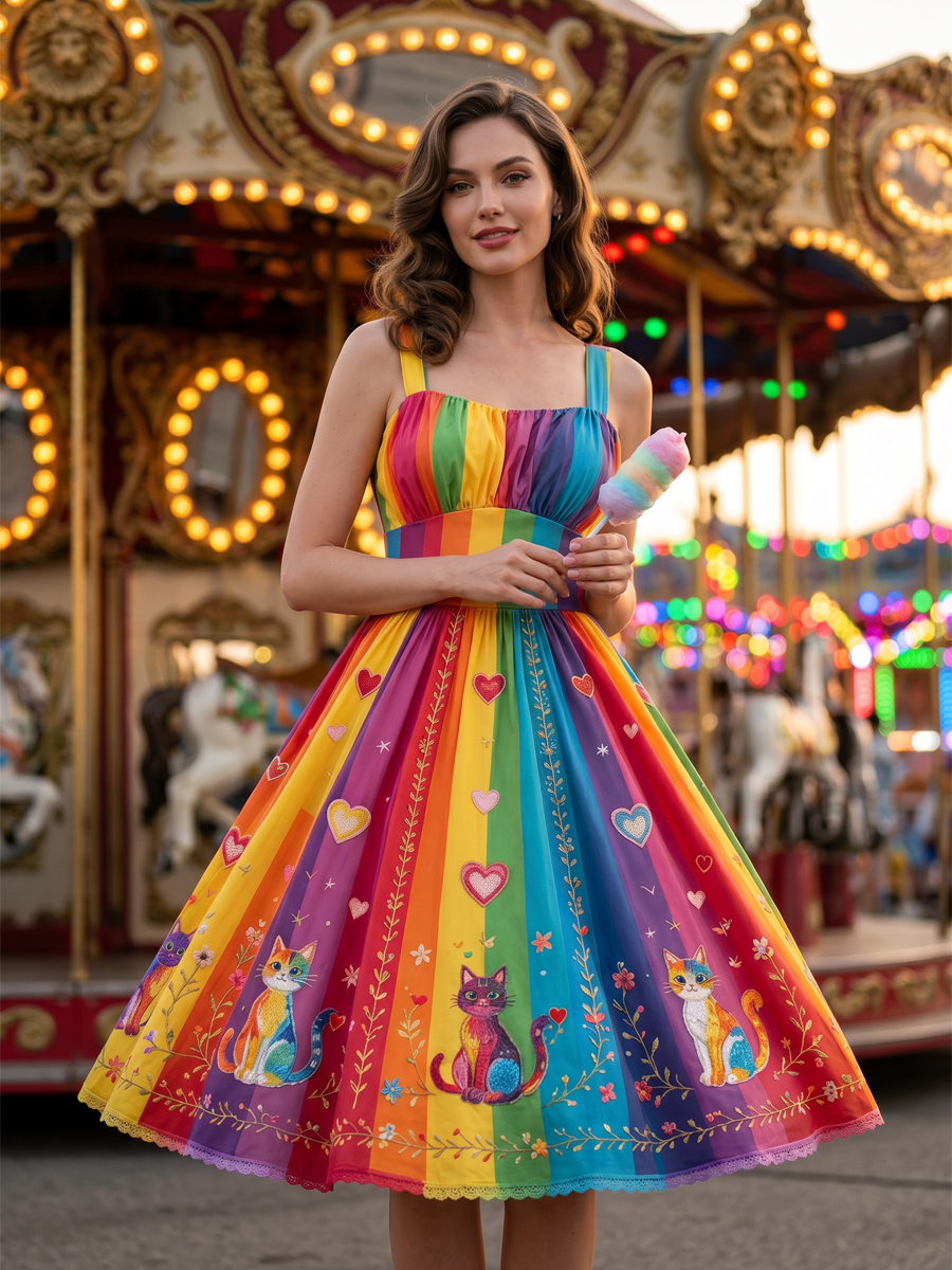 Women's Rainbow Floral Art Printed Dress