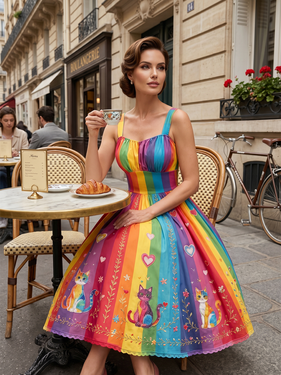 Women's Rainbow Floral Art Printed Dress