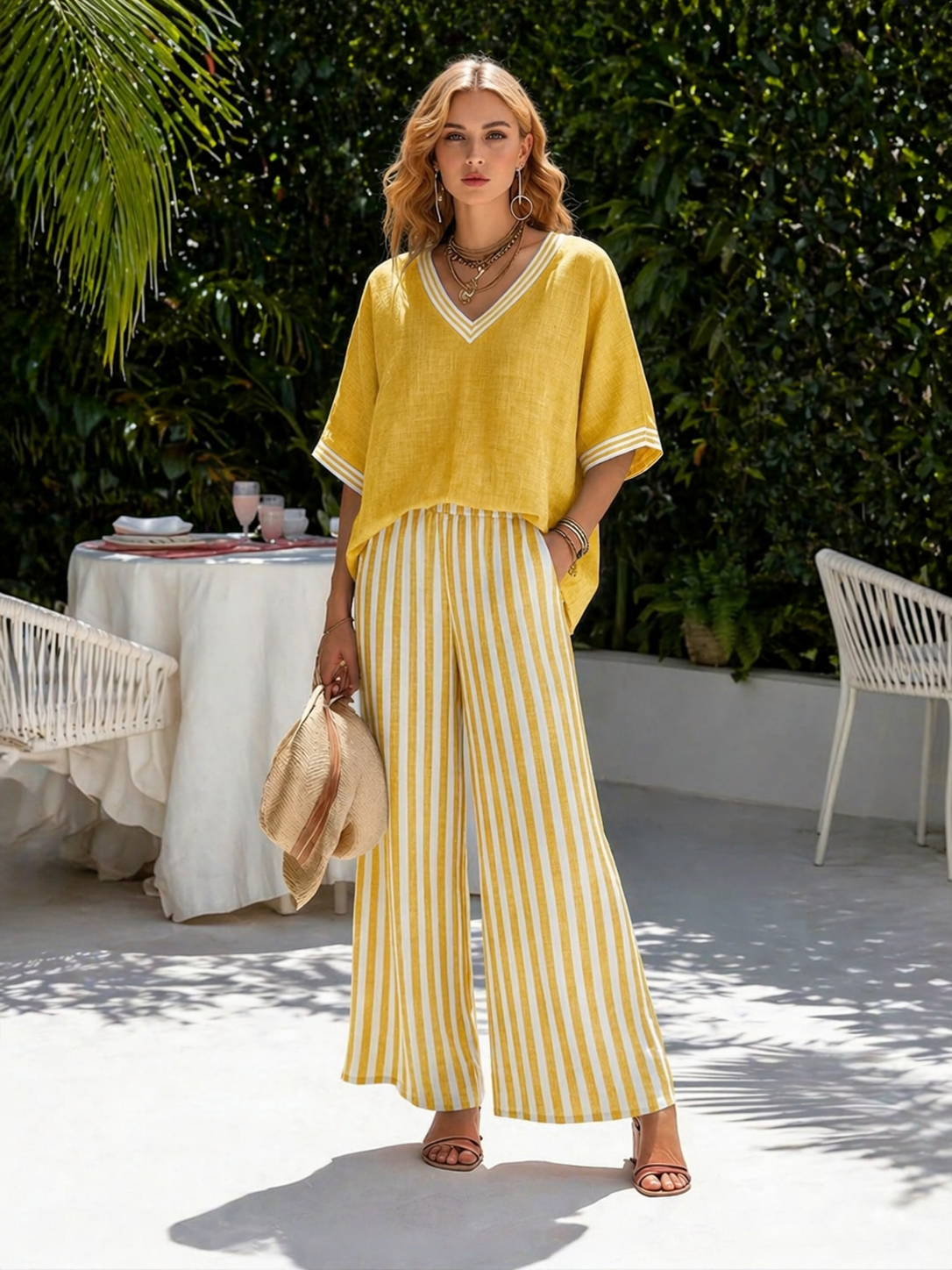 Casual Two-piece Set: Striped Linen & Cotton Patchwork Top And Striped Trousers— Look Put Together in 5 Seconds
