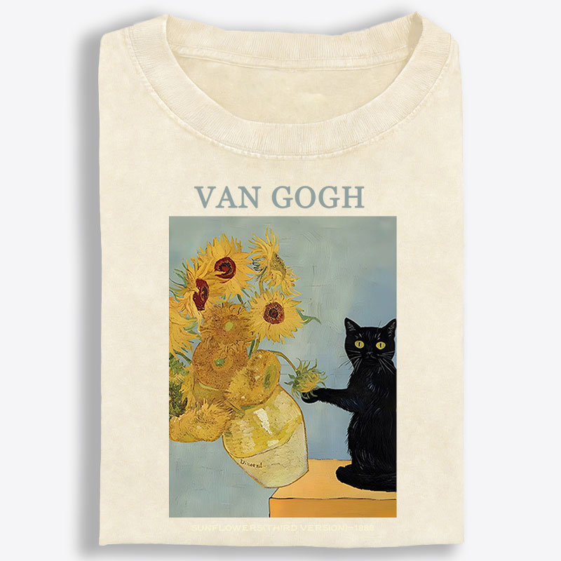 Playful Cat Meets Van Gogh Sunflowers Retro Washed T-Shirt | 100% Cotton | Streetwear Essential