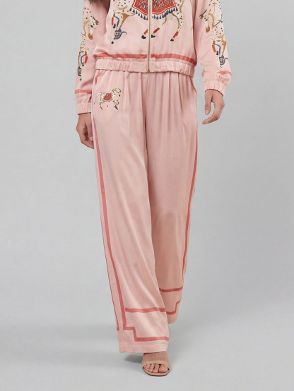🐎Exquisite Satin Horse Print Zip Jacket & Wide-Leg Pants Two-Piece Set
