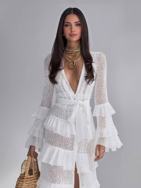 🌿 Bohemian Sheer Lace Ruffle Wrap Maxi Dress