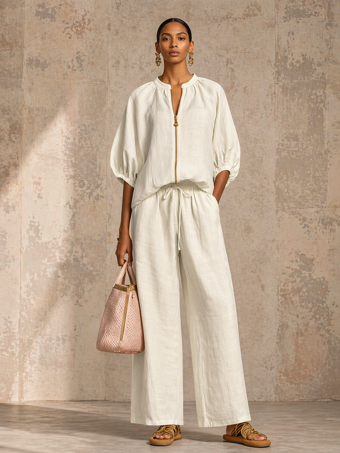 Stylish Cozy Shirt &amp; Wide-Leg Pants Linen Cotton Two-Piece Set