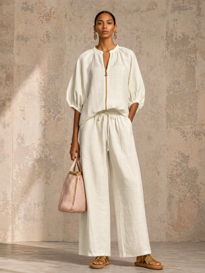 Stylish Cozy Shirt &amp; Wide-Leg Pants Linen Cotton Two-Piece Set