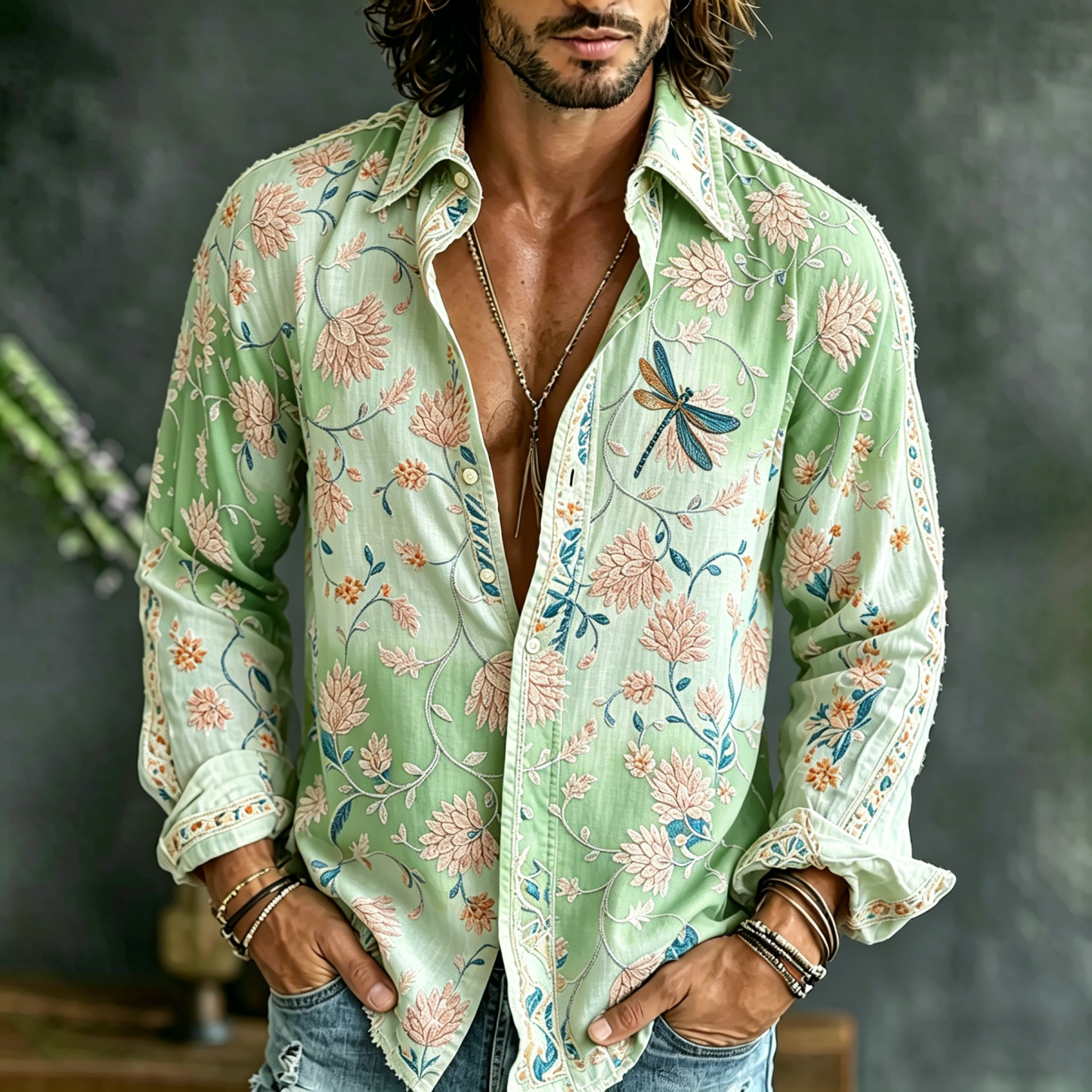 Bode Men's Vintage Floral Embroidered Art Print Flowy Linen Blend Casual Shirt
