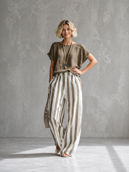 Cozy Loose-fit Striped Cotton-linen Two-piece Set ✨Plus Size Friendly XS-4XL