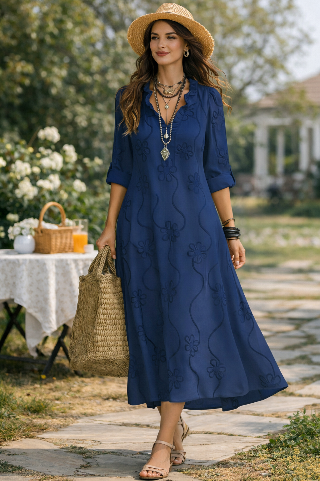 Vintage Floral Ruffle Collar A-Line Midi Dress