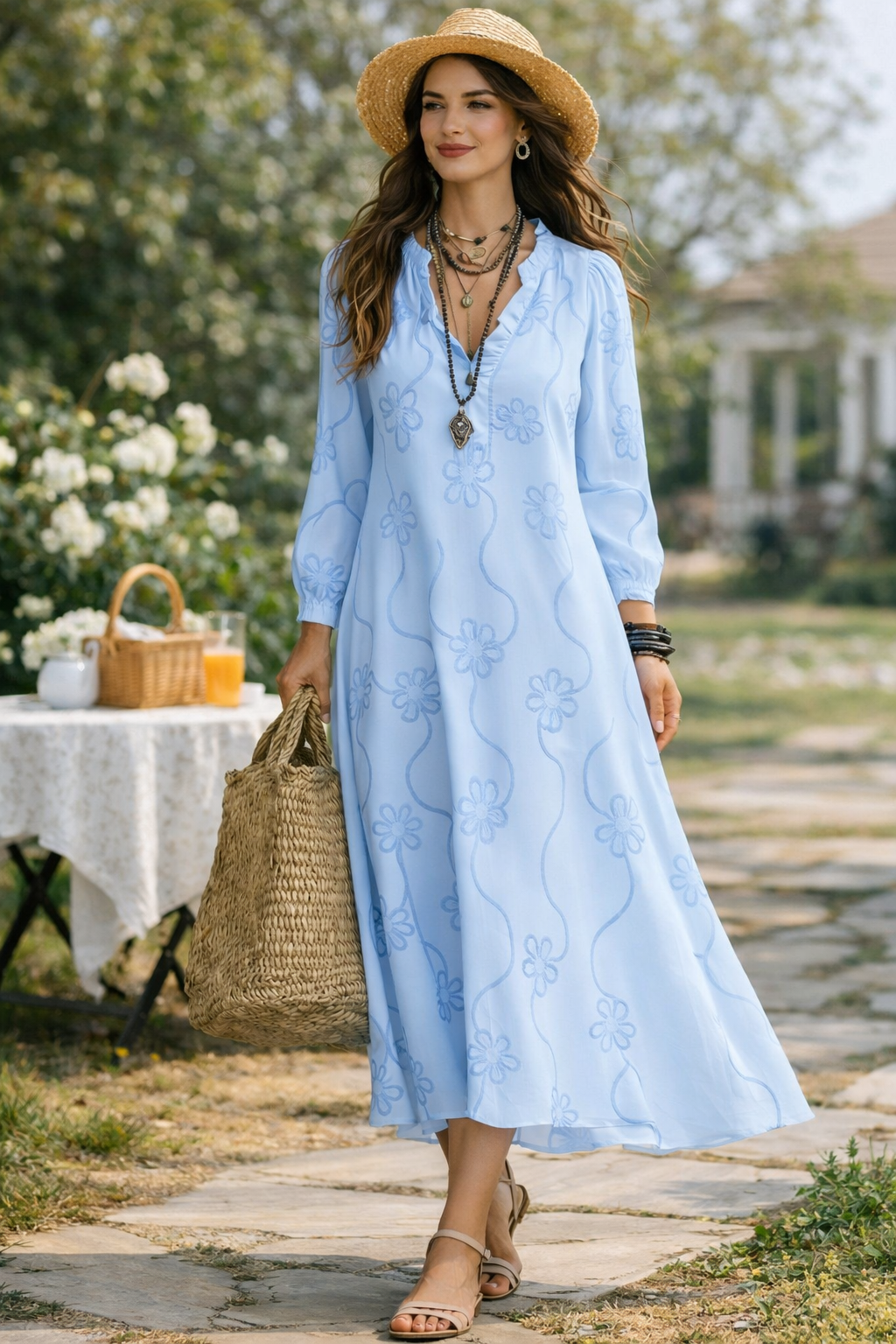 Vintage Floral Ruffle Collar A-Line Midi Dress