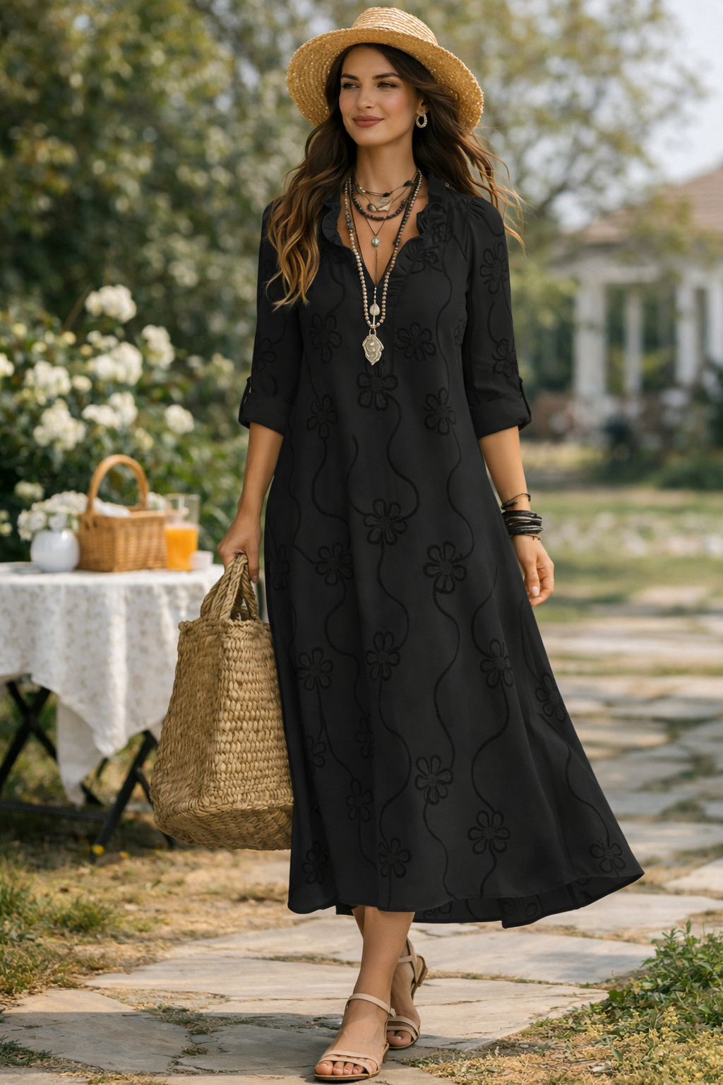 Vintage Floral Ruffle Collar A-Line Midi Dress
