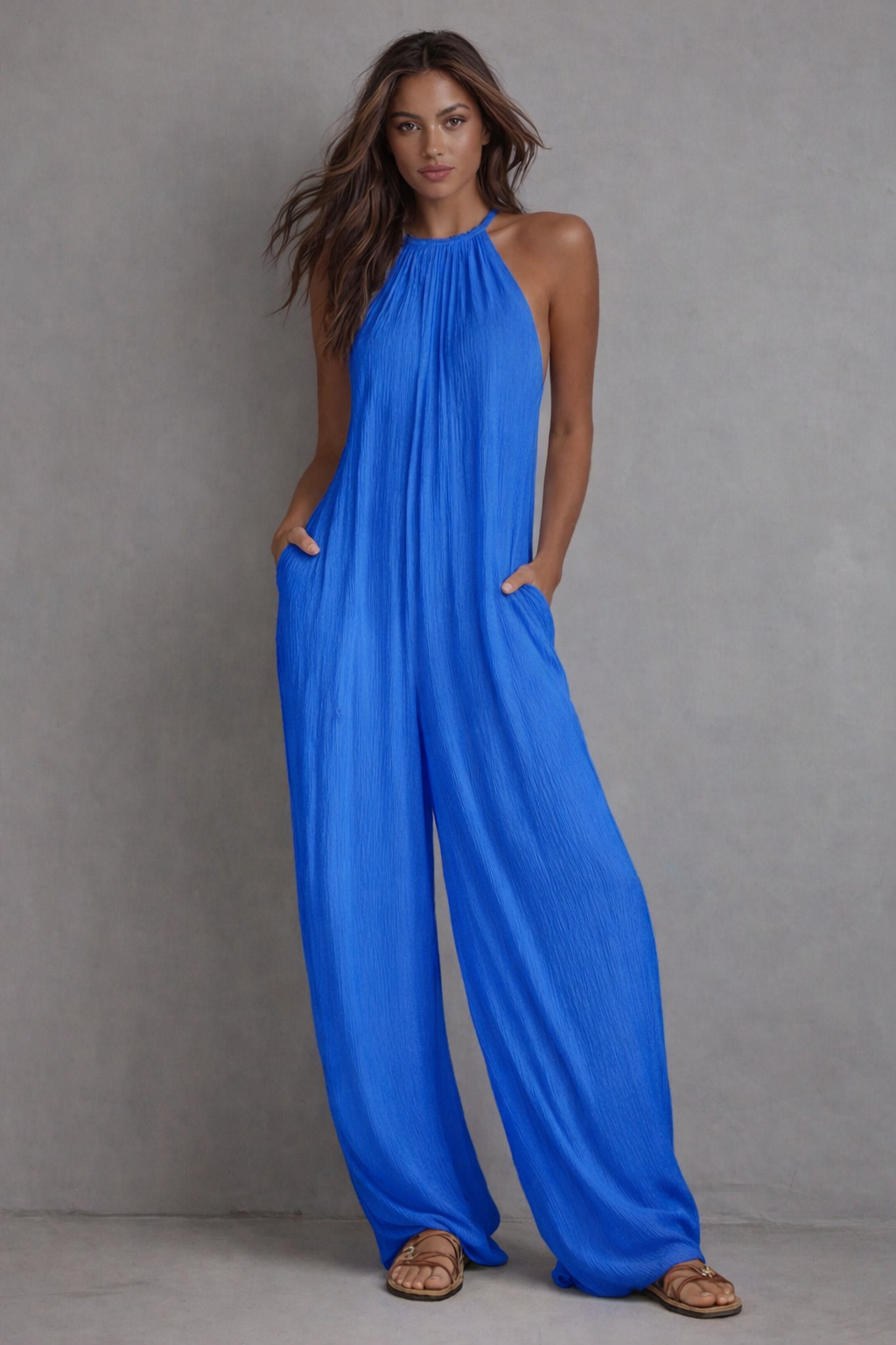 Minimalist Halter-neck Loose Cotton-linen Jumpsuit