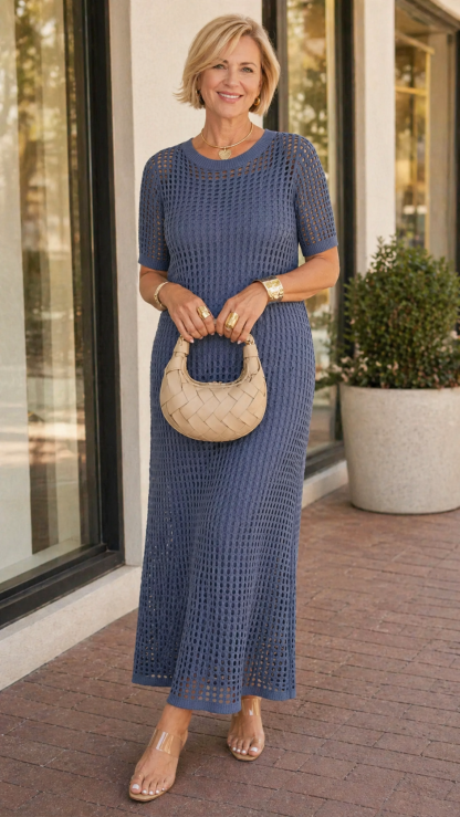 Elegant Knit Mesh Layered Two-Piece Maxi Dress
