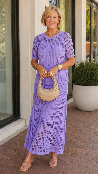 Elegant Knit Mesh Layered Two-Piece Maxi Dress